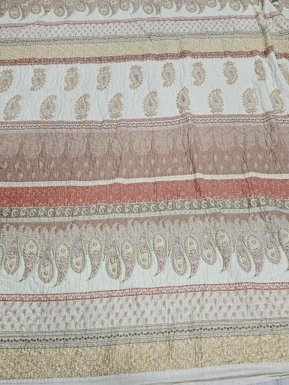 Soft Surroundings Paisley Stripe QUEEN Muslin Quilt Oatmeal Pink Mustard Muted